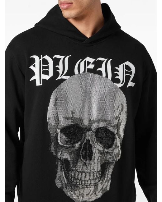 Philipp Plein Black Skull-Print Rhinestone-Embellished Hoodie for men