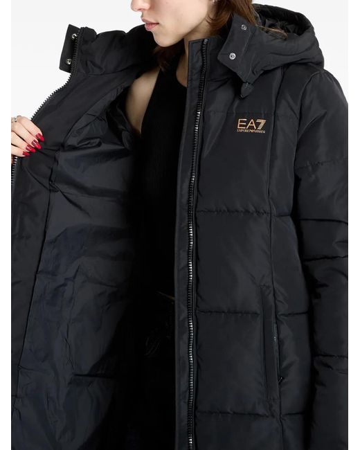 EA7 Black Quilted Hooded Coat