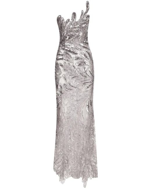 Oscar de la Renta Gray Fern Crystal-Embellished Gown