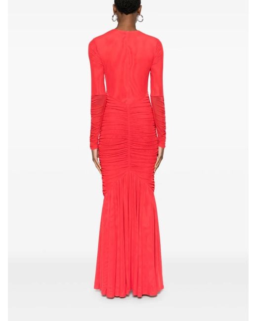 ROTATE BIRGER CHRISTENSEN Red Mesh Longsleeve Maxi Dress