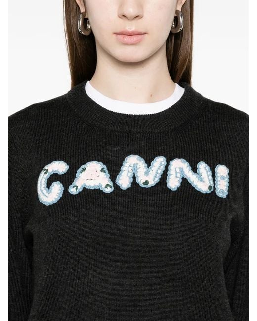 Ganni Black Appliqué Crew Neck Knitwear
