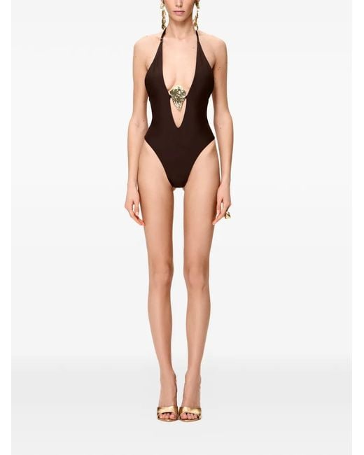 Korobeynikov Brown Oyster-Detail Halterneck Swimsuit