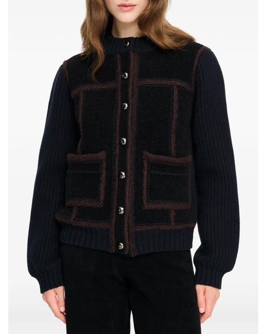 Barrie Black Panelled Rib-Knit Cardigan