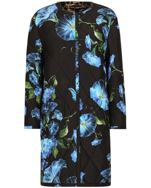 Dolce & Gabbana Black Floral-print Diamond-quilted Coat