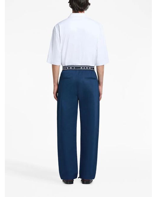 Marni Blue Logo-Waistband Straight-Leg Cotton Trousers for men