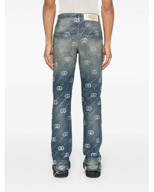 Gucci Green Crystal Embellished Intrelocking G Jeans for men