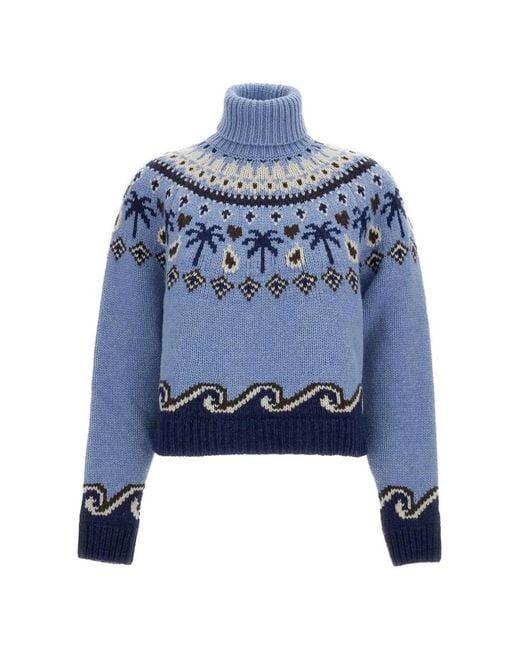 Alanui Blue Fair Isle Roll-Neck Sweater