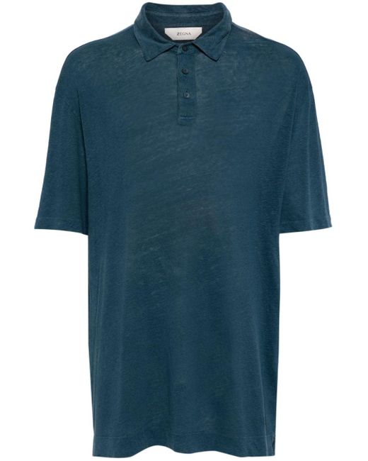 Zegna Blue Short-sleeve Linen Polo Shirt for men