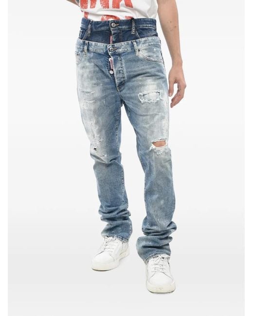 DSquared² Blue Twin Pack Distressed Layered-Waist Skinny Jeans for men