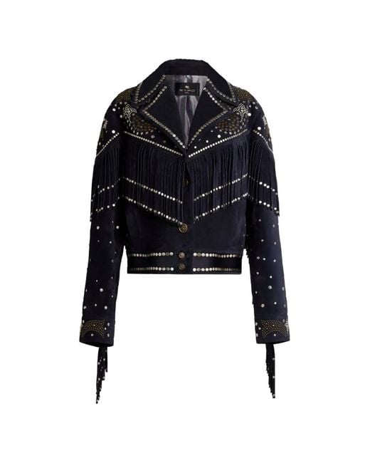 Etro Black Studs Fringed Leather Jacket