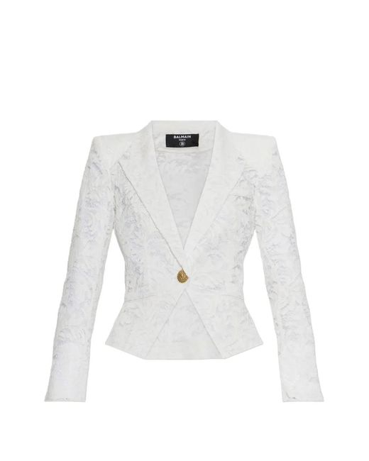 Balmain White Lace-Patterned Buttoned Blazer