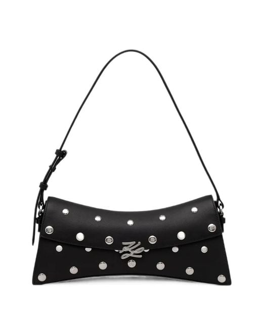 Karl Lagerfeld Black Stud-Embellished Logo-Plaque Shoulder Bag