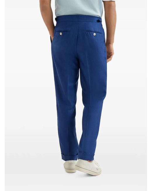 Brunello Cucinelli Blue Pleated Waist-Tab Trousers for men