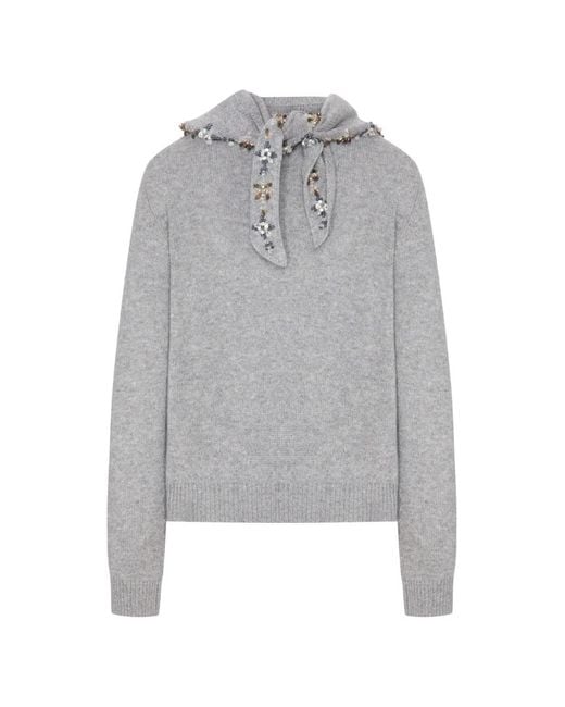 Prada Gray Embroidered-Scarf Cashmere Sweater