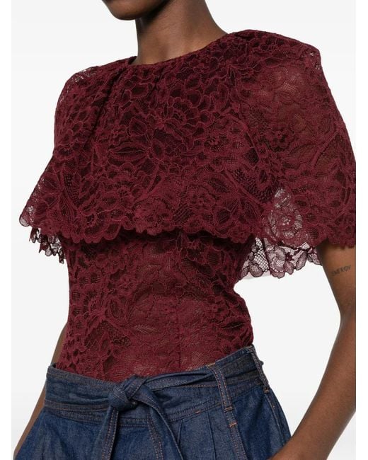 Self-Portrait Red Ruffled Lace-Overlay Top