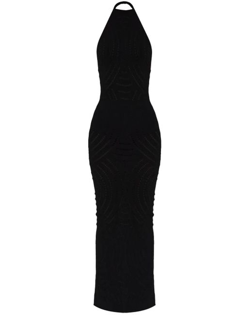 M I S B H V Black Fitted Perforated Long Dress With Slit