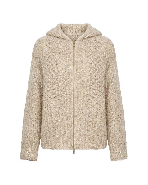 Peserico Natural Sequin-Embellished Chunky-Knit Hoodie