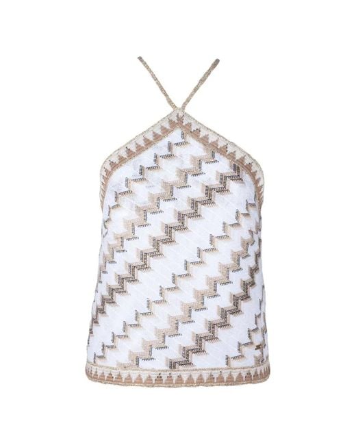 PHO® Firenze White Geometric-Print Halterneck Top
