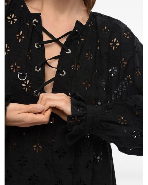 John Richmond Black Broderie Anglaise Lace-Up Blouse