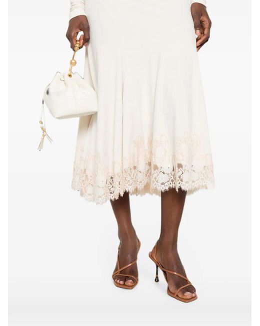 Alberta Ferretti White Lace-Trim Ruched Midi Dress