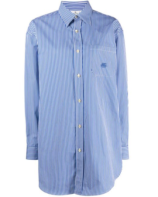 Etro Blue Striped Logo-Embroidered Cotton Shirt