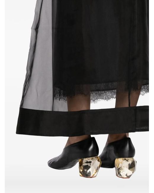 YEAREAST Black Sheer-Panel Lace-Trim Skirt