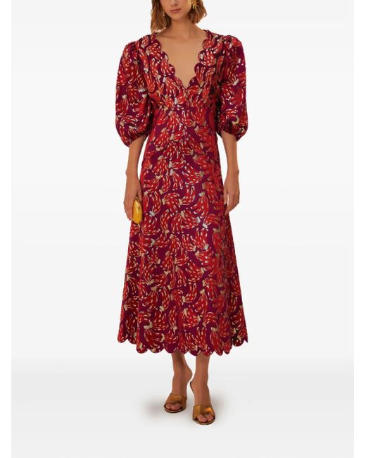 FARM Rio Puff-Sleeve Midi Dress in Red | Lyst