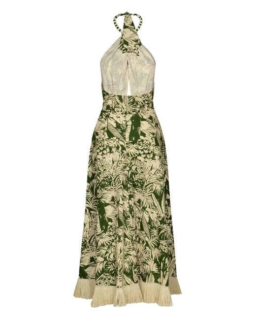 Johanna Ortiz Green Halterneck Fringed-Hem Midi Dress