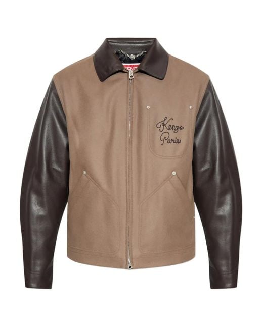 KENZO Brown Embroidered Leather-Sleeves Jacket for men