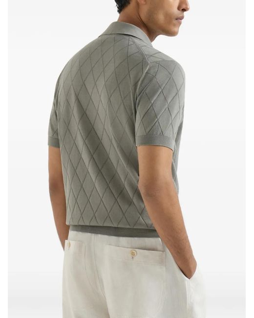 Brunello Cucinelli Gray Cotton Textured Argyle Lightweight Knit Polo Shirt for men