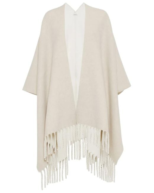 Brunello Cucinelli White Fringed-Edge Double Knit Poncho