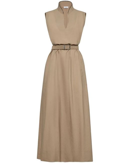 Brunello Cucinelli Brown Techno Cotton Poplin Dress With Belt And Precious Shoulder Detail