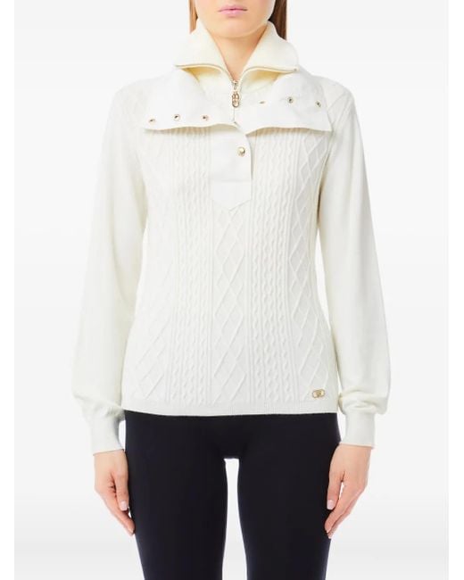 Liu Jo White Cable Knit Sweater With Half-Fastening Collar