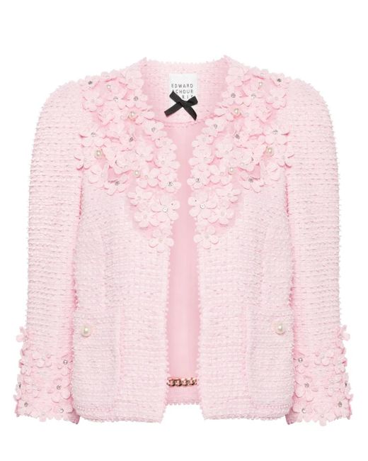 Edward Achour Paris Pink Floral-Appliqué Tweed Jacket