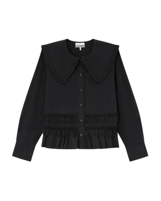 Ganni Black Stretch Cotton Ruffle Shirt