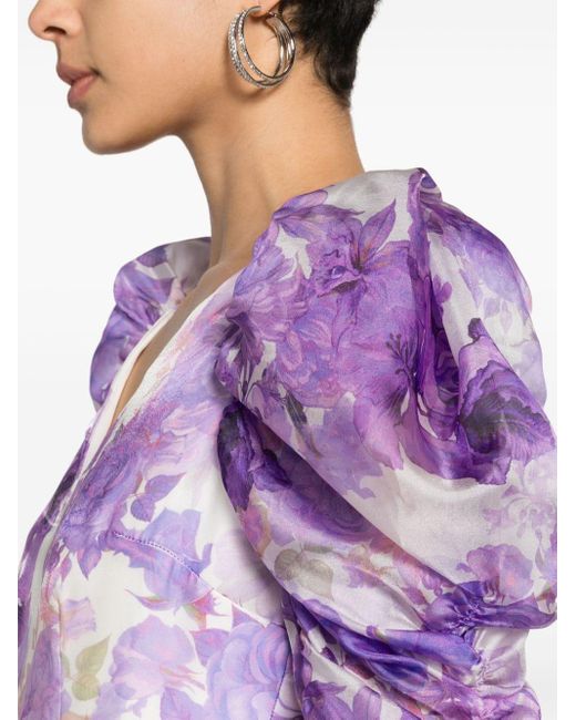 Nissa Purple Floral-print Pleated Midi Dress