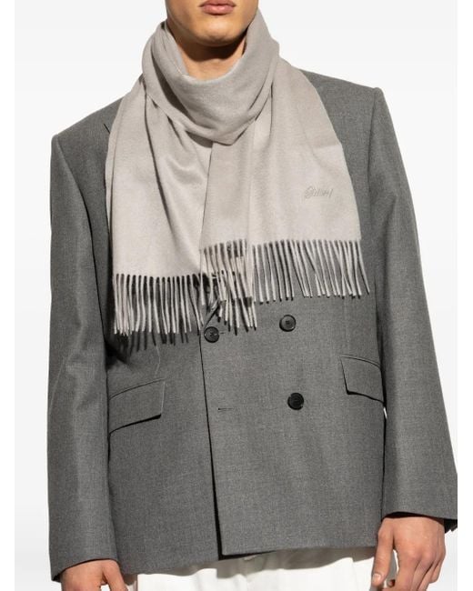 Brioni Gray Logo-embroidered Fringe Scarf for men