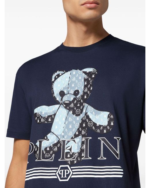 Philipp Plein Blue Teddy Bear Cotton T-shirt for men