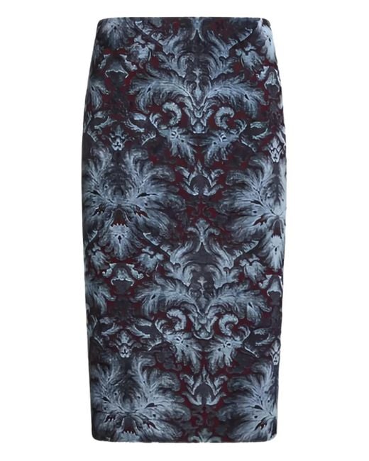 Etro Blue Damask-Pattern Pencil Midi Skirt