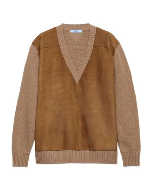 Prada Brown Suede-Panel V-Neck Sweater