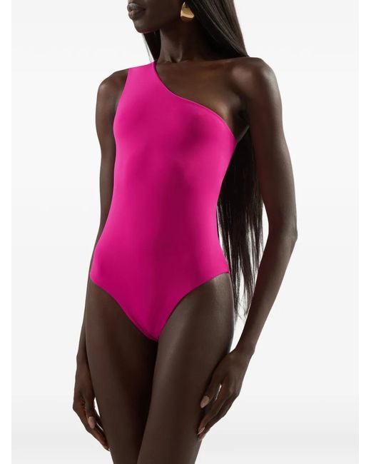 Taller Marmo Pink Yacare One-Shoulder Fringed Swimsuit