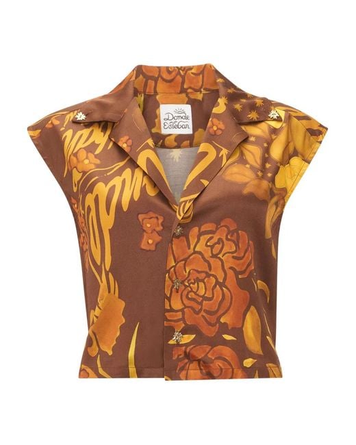 Donde Esteban Orange Veranera Floral Buttoned Top