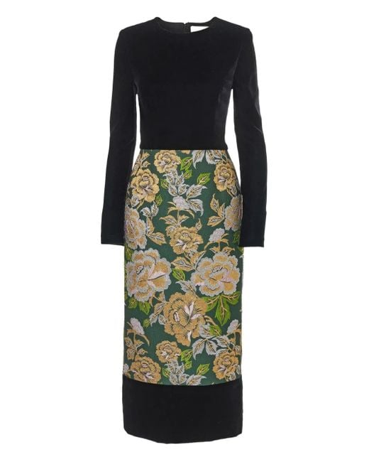 Carolina Herrera Green Floral-Jacquard Panelled Midi Dress
