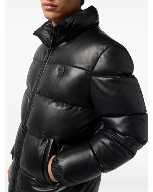 Philipp Plein Black Logo-Patch Leather Puffer Jacket for men
