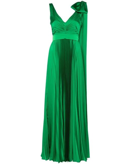 Nissa Green Bow-Detail Pleated Maxi Dress