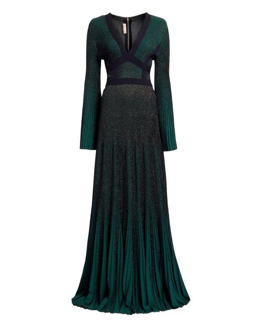 Elie Saab Green Pleated Knit Maxi Dress