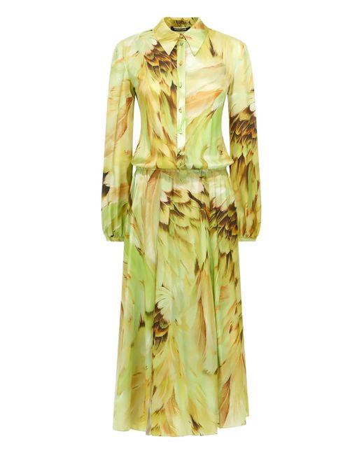 Roberto Cavalli Yellow Feather-Print Midi Dress