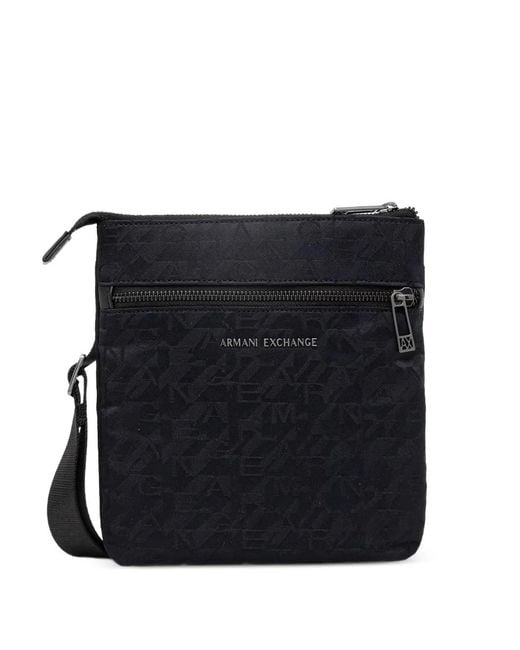 ARMANI EXCHANGE Black Monogram-Pattern Logo-Plaque Messenger Bag for men