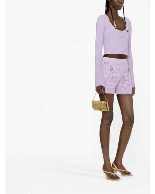 Balmain Purple Monogram Mesh Knitted Shorts