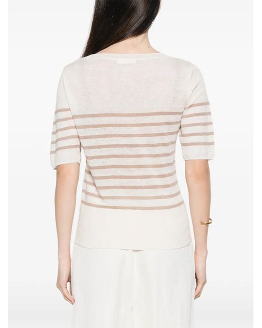 Majestic Filatures White Round-Neck Striped T-Shirt